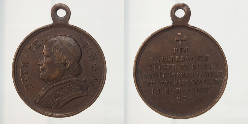 Papali. Pio IX. Medaglia 1876 Pellegrinaggio a Roma dei cattolici tedeschi. AE 1...