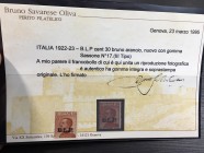 Italia 1922-23. B.L.P cent 30 bruno arancio, nuovo con gomma Sassone n.17 (III tipo) periziato Savarese Oliva