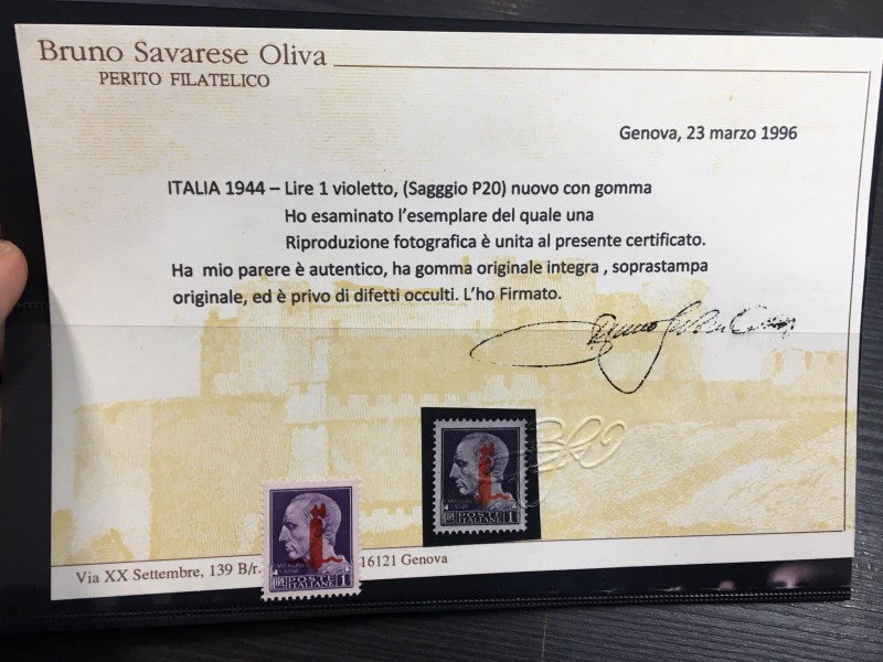 Italia 1944 - lire 1 violetto (Saggio P20) periziato Savarese Oliva