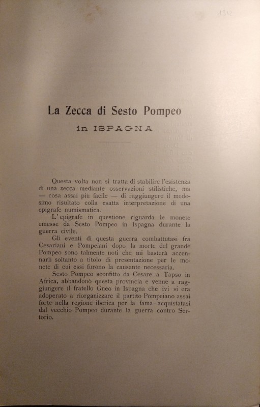 LAFFRANCHI L. – La zecca di Sesto Pompeo in Ispagna. Milano, 1912. pp. 6, ill.