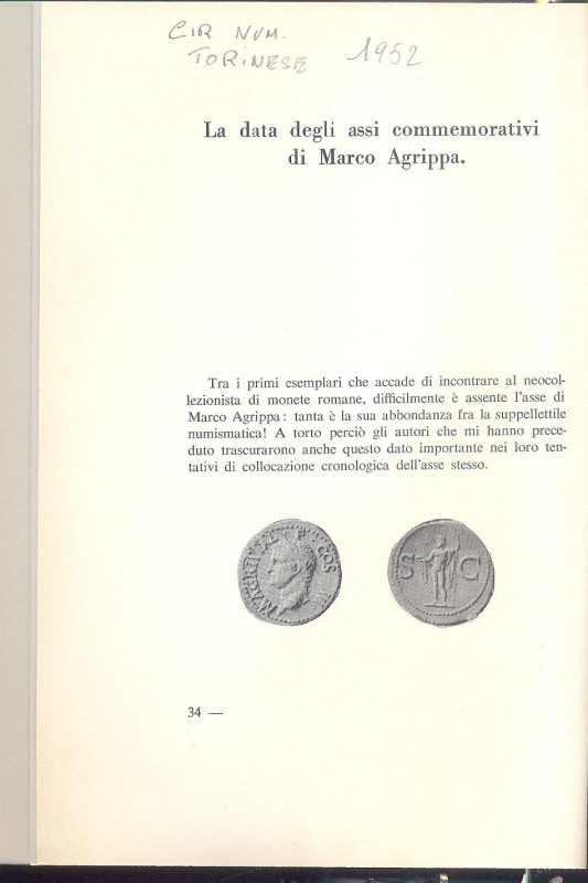 LAFFRANCHI L. - La data degli assi commemorativi di Marco Agrippa. Torino, 1952....
