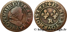 LOUIS XIII
Type : Denier tournois, grosse tête juvénile au col plat de Villeneuve 
Date : 1627 
Mint name / Town : Saint-André de Villeneuve-lès-Avign...