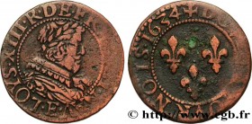LOUIS XIII
Type : Double tournois, 3e type 
Date : 1634 
Mint name / Town : Tours 
Metal : copper 
Diameter : 19,5  mm
Orientation dies : 6  h.
Weight...