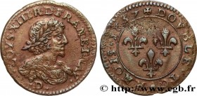 LOUIS XIII
Type : Double tournois type 11 de Lyon 
Date : 1637 
Mint name / Town : Lyon 
Metal : copper 
Diameter : 21  mm
Orientation dies : 6  h.
We...