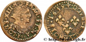 LOUIS XIII
Type : Double tournois, type 14 
Date : 1639 
Mint name / Town : Bordeaux 
Metal : copper 
Diameter : 20  mm
Orientation dies : 6  h.
Weigh...
