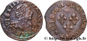 LOUIS XIII
Type : Double tournois, 14e type 
Date : 1638 
Mint name / Town : La Rochelle 
Metal : copper 
Diameter : 19  mm
Orientation dies : 6  h.
W...