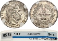LOUIS-PHILIPPE I
Type : 1/4 franc Louis-Philippe 
Date : 1841 
Mint name / Town : Paris 
Quantity minted : 1303120 
Metal : silver 
Millesimal finenes...