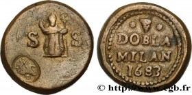 ITALY - DUCHY OF MILAN - MONETARY WEIGHT
Type : Poids monétaire pour le quadruple écu d’or 
Date : 1683 
Metal : brass 
Diameter : 23  mm
Orientation ...