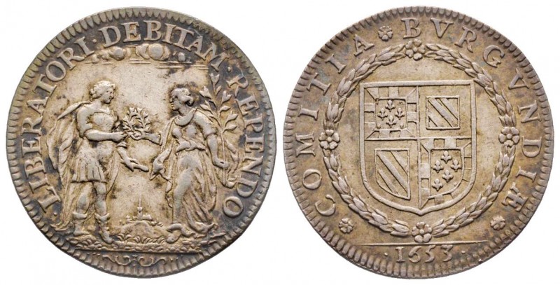 Louis XIV, Jeton, États de Bourgogne, 1653 , AG 6.41 g.
Avers : LIBERATORI. DEBI...