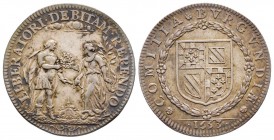 Louis XIV, Jeton, États de Bourgogne, 1653 , AG 6.41 g.
Avers : LIBERATORI. DEBITAM. REPENDO. Femme debout à gauche devant le roi auquel elle offre un...