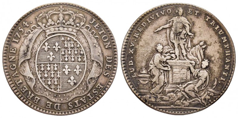 Jeton, Bretagne, 1754, Armes de France et de Bretagne, AG 6.85 g.
F. 8764
TTB