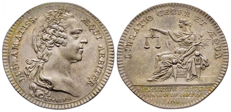 Rare Jeton, Louis XV, Chambre de commerce de Dieppe, 1758, AG 8.61 g.
Avers : LU...