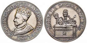 Médaille, réfrappe, 1590, Ph. Regnault. Charles X, cardinal de Bourbon, roi de France, AG 13.87 g. 34 mm
Avers : : Buste couronné à gauche. 
Revers : ...