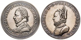 Médaille, réfrappe, 1572, AG 19.08 g.
Avers : CAROLUS IX D G FRANCORVM RE INVIC. Buste de Charles avec une couronne de laurier à gauche
Revers : ELISA...