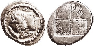 AKANTHOS, Tetrobol, 470-439 BC, Forepart of bull kneeling, A above/4-part incuse...