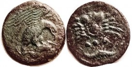 R AKRAGAS, Æ20, Trias, 425-406 BC, Eagle r, on hare/crab, crayfish & 3 pellets below, S1023; VF+, good centering & detail, brown-green patina with onl...