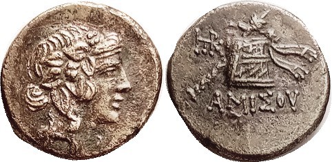 AMISOS, Æ23, c.100 BC, Dionysos head r/Cista mystica & monogram, S3640; AEF, wel...