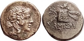 AMISOS, Æ23, c.100 BC, Dionysos head r/Cista mystica & monogram, S3640; AEF, well centered & struck on large flan, golden orichalcum color with some d...