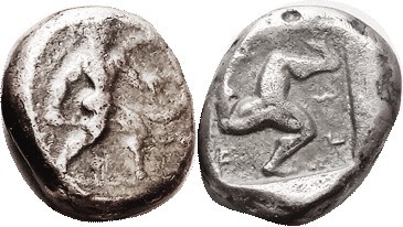ASPENDOS, Stater, 465-430 BC, Warrior adv rt with spear & shield/triskeles in in...