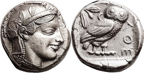 ATHENS, Tet, 465-460 BC, Athena head r/owl stg rt, Starr V.B, early transitional...