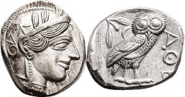 ATHENS, Tet, 449-413 BC, Athena head r/owl stg r, S2526; Choice Mint State, obv well centered, rev nrly so, on somewhat elongated flan; Great metal wi...