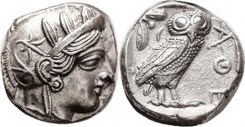 ATHENS, Tet, 449-413 BC, Athena head r/owl stg r, S2526; Choice EF/AEF, well centered, metal (hint of die rust on rev); Very bold strike on obv struck...