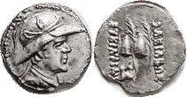 BAKTRIA, Eukratides I, 171-135 BC, Obol, Helmeted head r/caps of the Dioscuri wi...