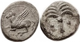 R CARTHAGE, Æ16, c. 3rd cent BC, Pegasos l., Punic letter below/Palm tree betw pellets; VF-EF/VF, nrly centered & complete, slate green patina with sl...