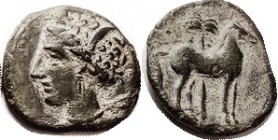 CARTHAGE, Æ15x17, 3rd cent BC, Tanit head l./Horse stg r, palm behind; Choice VF+/VF, centered, smooth dark green patina with strong earthen hilightin...