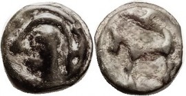 CELTIC, GAUL, Senones, cast Potin, 18 mm, 1st cent BC, Helmeted head l/horse l., LaT 7405; F-VF, centered, crude of course, smooth dark patina with so...