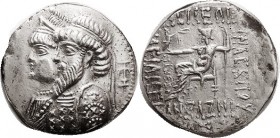 ELYMAIS, Kamnaskires III & Queen Anzaze, c. 82-80 BC, Ar Tet, Conjoined busts left, ' anchor behind/Zeus std l., lgnd around, S6171 (£1250); EF, obv w...