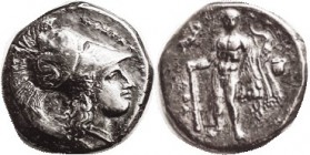HERAKLEIA, Nomos, c.330-280 BC, Athena head r, Skylla on helmet/Herakles stg l, with club, lion skin & bow, Nike above left, aryballos (cup) to rt ( v...