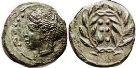 HIMERA, Æ16+ (Hemilitron), 420-408 BC, Nymph hd l./6 pellets in wreath, S1110; VF-EF, sl off-ctr, deep green patina with touch of roughness on obv, bu...