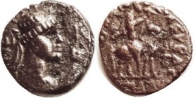 INDO-GREEKS, KUSHANS, "Soter Megas" (Vima Takto, enigmatic ruler, son of Tik Takto), c.55-1095 AD, Æ Tetradrachm, bust r hldg scepter in front/king on...