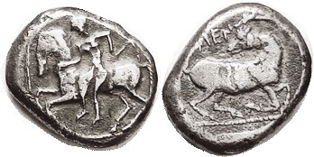 KELENDERIS, Stater, c.425-400 BC, Dismounting horseman l./goat kneeling rt, head...