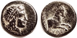 KOLOPHON, Æ13+, 4th-3rd cent BC, Apollo head r/Horse forepart r, magistrate Leod...