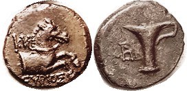 KYME, Æ15, c.250-200 BC, Horse forepart r, KY, EUBIOS (in Greek) below/Oinochoe,...