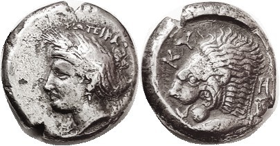 KYZIKOS, Tet, 390-330 BC, Persephone hd l/Lion head l, tunny below, oinochoe beh...