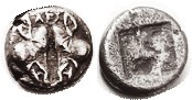 R LESBOS, billon Obol or 1/10 Stater, 1.34 gms, c.500-450 BC, 2 boar hds face-to...