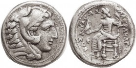 MACEDON, Alexander the Great, Tet, of Amphipolis, Herakles hd r/Zeus std l, Phrygian helmet at left, Pr. 112, VF, centered, very mild obv porosity, lt...