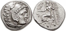 MACEDON, Alexander the Great, Drachm, of Kolophon, Herakles head r/Zeus std l, crescent left, K monogram under seat; Pr. 1827; Choice EF, well centere...