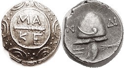 MACEDON, Autonomous, 187-168 BC, Tetrobol, MAKE around club in center of shield/ Helmet, 3 monograms & thunderbolt, as S1387; Nice EF, centered, quite...
