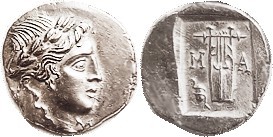 R MASIKYTES, Lycian League Hemidrachm, c. 48-20 BC, Apollo head r/M-A, Lyre, at lower left omphalos with coiled serpent, all in incuse square; EF, som...