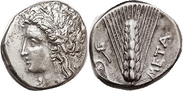 METAPONTUM, Nomos, 330-300 BC, Demeter head l/ Corn grain, META at right, rake l...