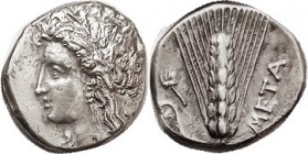 METAPONTUM, Nomos, 330-300 BC, Demeter head l/ Corn grain, META at right, rake left above DA, HN 1582; VF-EF, nrly centered, sl touch of roughness in ...