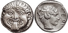 NEAPOLIS (Macedon), Hemidrachm, 424-350 BC, Facing Gorgoneion/nymph head r, lgnd at rt, S1417; AEF, centered & well struck with strong detail, a bold ...