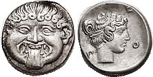 NEAPOLIS (Macedon), Hemidrachm, 424-350 BC, Facing Gorgoneion/nymph head rt, as previous but lgnd surrounding head; EF, centered, well struck, fine st...