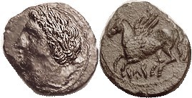 PANORMOS, Æ14x16, 336-330 BC, Apollo head l., dolphin behind/Pegasos l, lgnd bel...