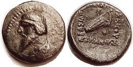 5 PARTHIA, Mithradates II, 123-88 BC, Æ14 (Chalkos), Bust l./bow in case, as Sel...