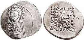 PARTHIA, Sinatrukes (Used to be Gotarzes I), Drachm, Sel. 33.3, bust in tiara with stags; Virtually mint state, obv off-ctr to left, portrait complete...